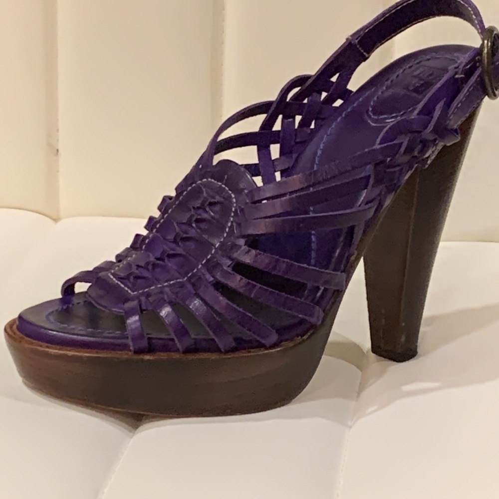 Frye Platform Eggplant Purple Leather Heeled Sandals Size 8.5 B, Heel Height 5”